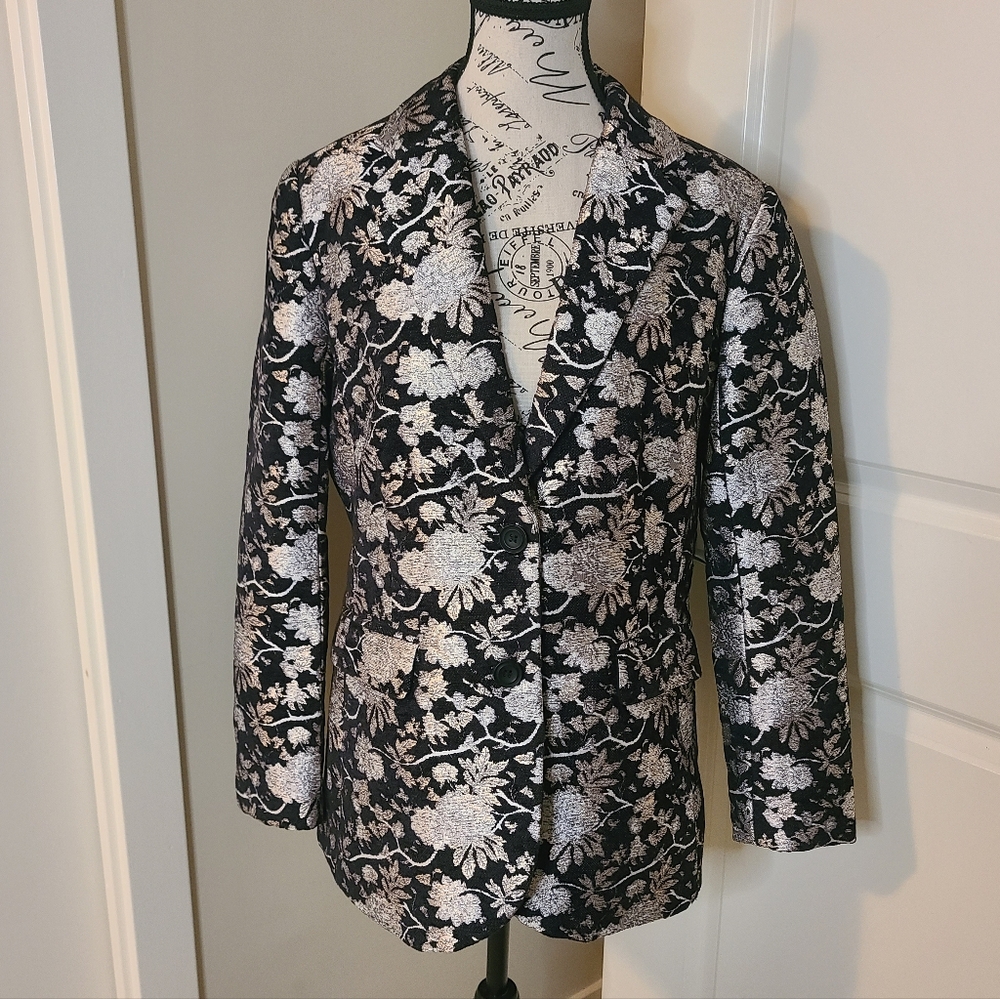 Blazer Metalic Rose Gold Threading Floral Black Size M Womens New